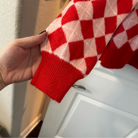 Monki Red and Light Pink Argyle Pattern Cardigan - Picture 5 of 7